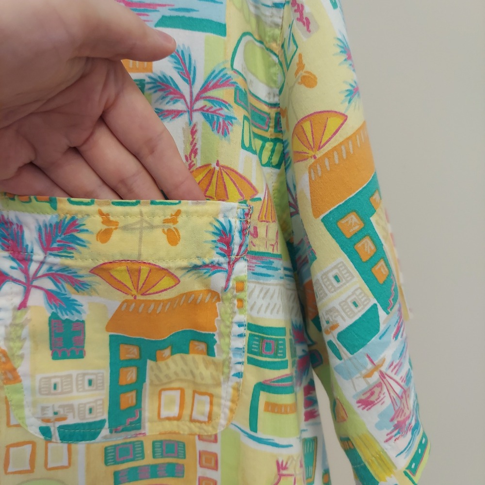 Womens Short Sleeve Button Up Shirt Coastal Hotel Tropical Print L Beach Cruise - Picture 4 of 5